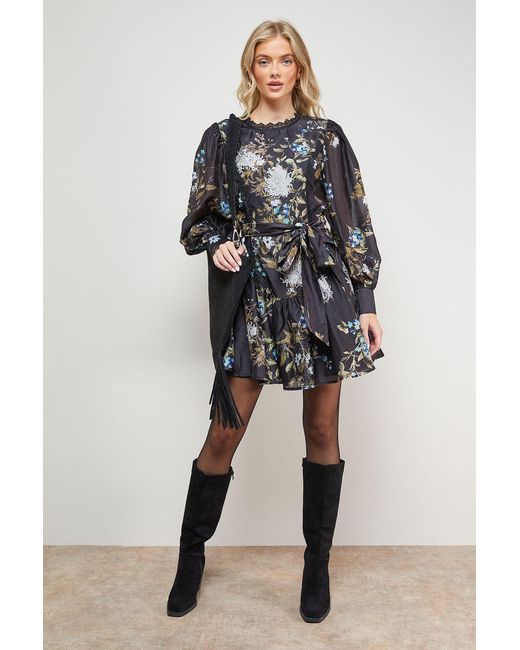 Oasis Black Flippy Hem Belted Mini Dress