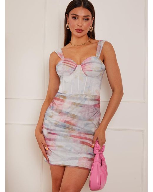 Chi Chi London Blue Corset Style Floral Bodycon Dress