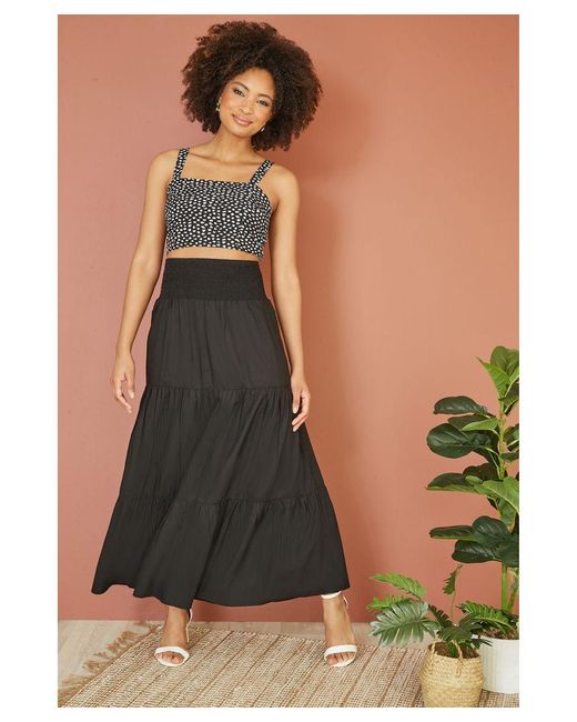 Yumi' Black Ruched Waist Tiered Midi Skirt Cotton