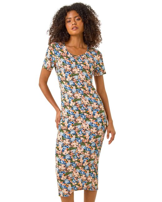 D.u.s.k Blue Floral Print Stretch Midi Dress