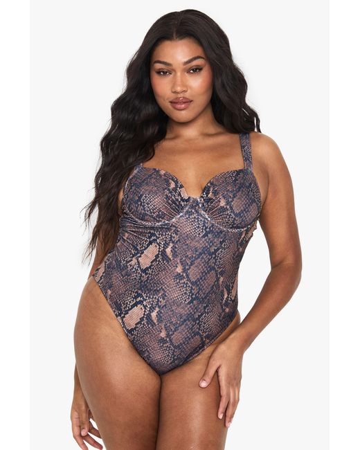 Boohoo Purple Plus Print Underwire Bathing Suit