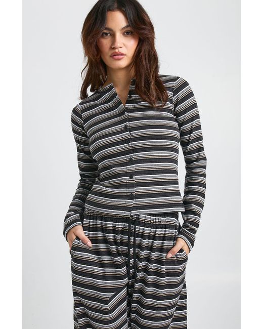 Boohoo Black Stripe Rib Button Through Long Sleeve Top