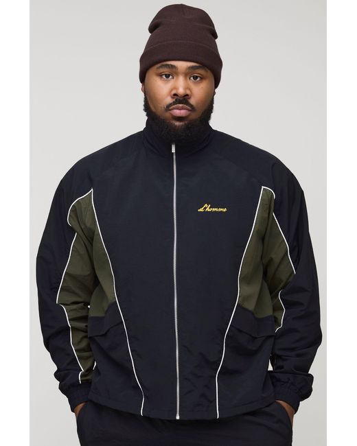 BoohooMAN Blue Plus Crinkle Nylon Panelled Regular Track Jacket for men