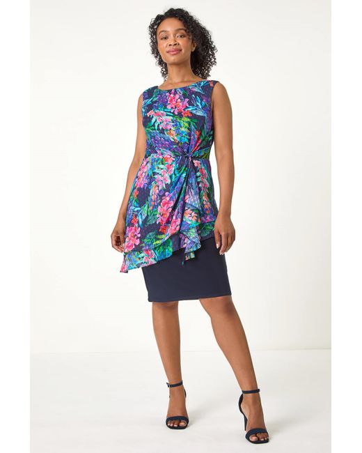 Roman Blue Petite Tropical Asymmetric Frill Dress