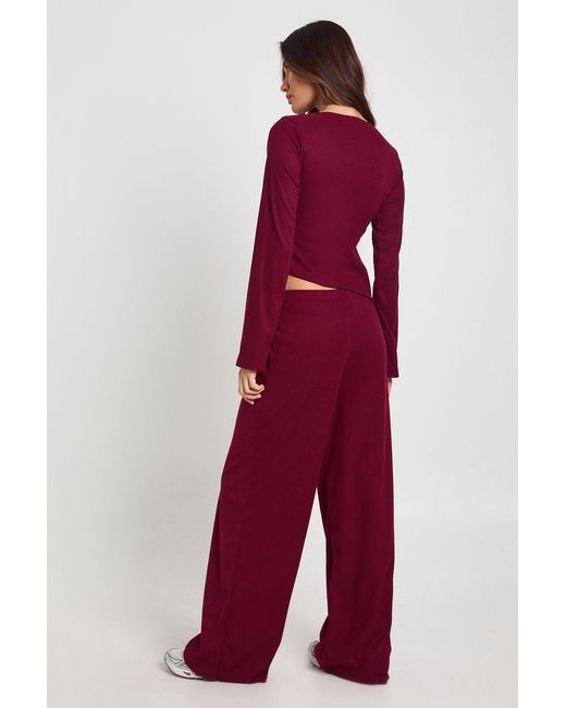 Boohoo Red Rib Cinched Waist Long Sleeve Wide Leg Co Ord