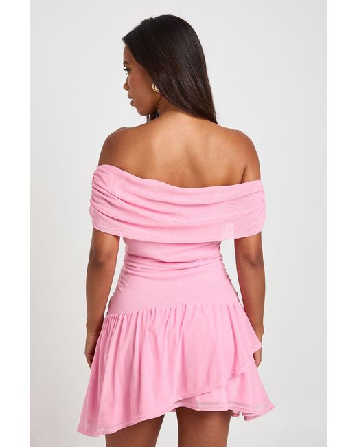 Boohoo Pink Mesh Bardot Ruched Body Skater Dress