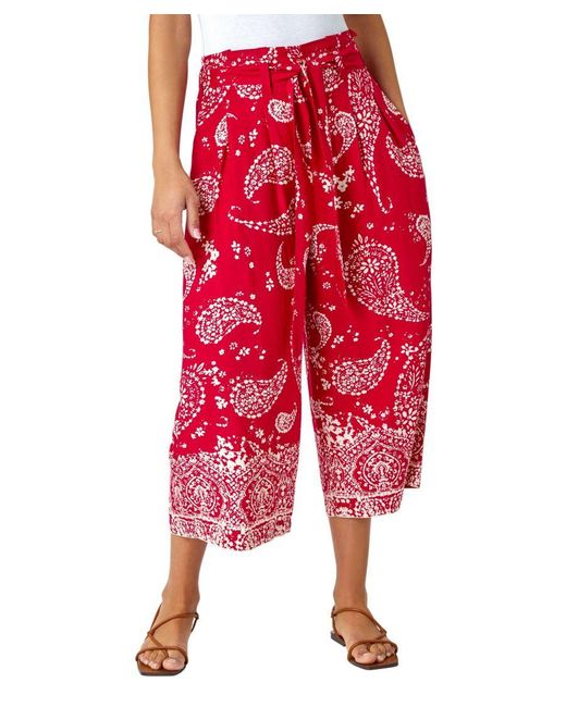 Roman Red Paisley Print Wide Leg Cropped Trousers