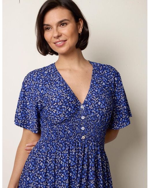 Blue Vanilla Blue Ditsy Floral Button Front Raglan Trim Dress