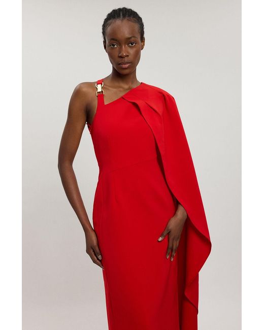 Karen Millen Red Compact Viscose Asymmetric Detail Maxi Dress
