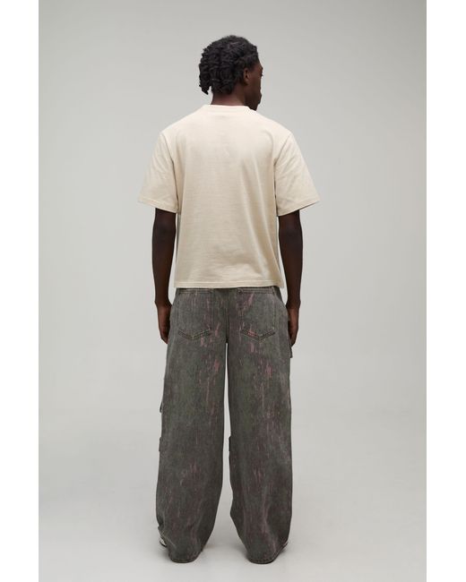 BoohooMAN Gray Printed Washed Baggy Cargo Jeans for men