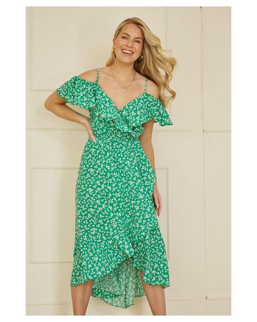 Mela London Green Ditsy Print Bardot Midi Dress With Dip Hem