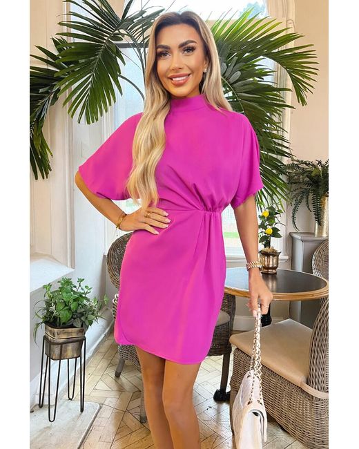 AX Paris Pink Hot High Neck Gathered Waist Detail Shift Dress