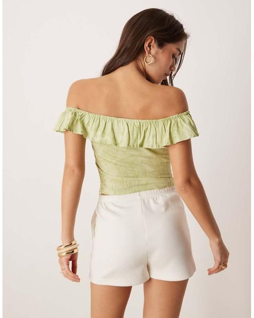 Motel Green Yokai Retro Paisley Print Bardot Top