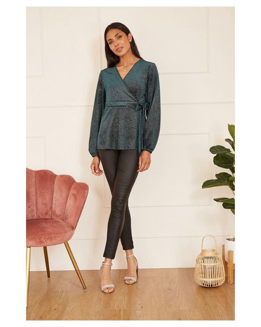 Yumi' Blue Green Sparkle Velvet Wrap Top With Long Sleeves