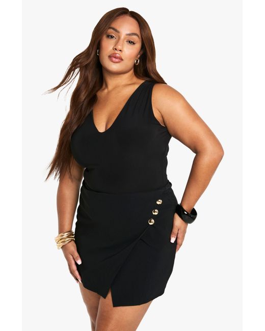 Boohoo Black Plus Button Trim Detail Wrap Skort