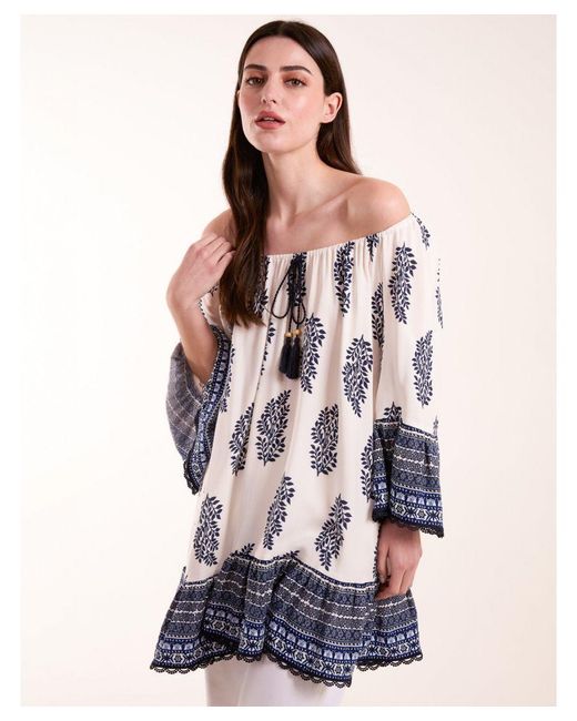 Blue Vanilla Pink Mix Print Bardot Blouse With Tassel