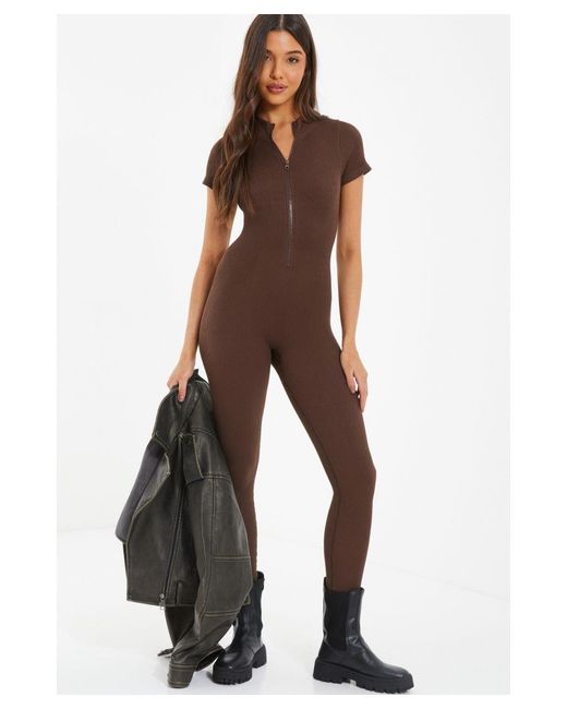 Quiz Brown Seamless Zip Jumpsuit Nylon