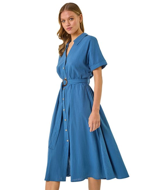 Roman Blue Linen Look Belted Shirt Dress
