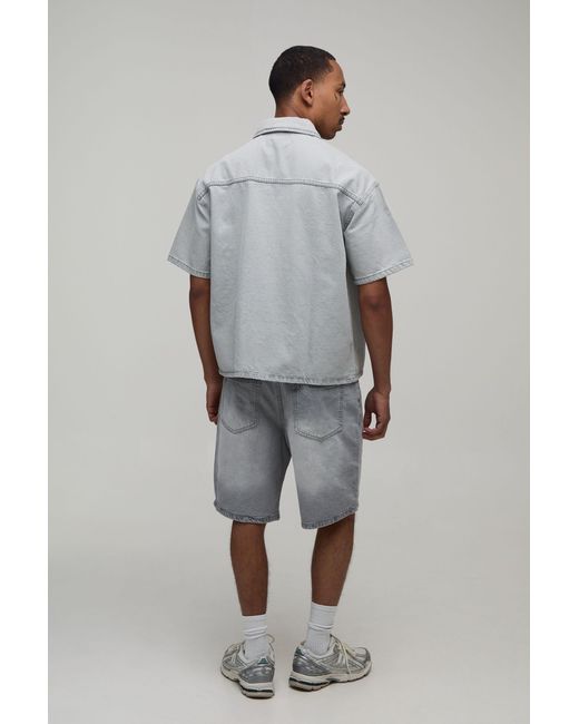 BoohooMAN Gray Boxy Oversized 1/4 Zip Denim Shirt for men