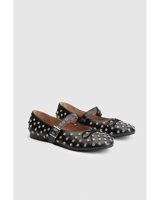 Faith Black Gracie Faux Leather Diamante Studded Mary Jane Ballerinas