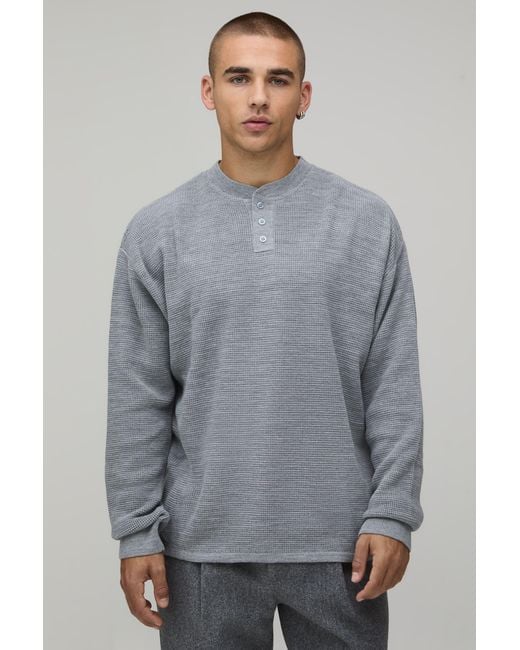BoohooMAN Gray Essential Relaxed Fit Henley Waffle Knitted T-Shirt for men