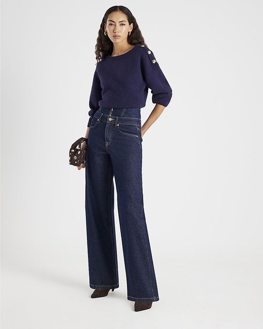 River Island Blue Wide Leg Jeans Double Waistband Cotton