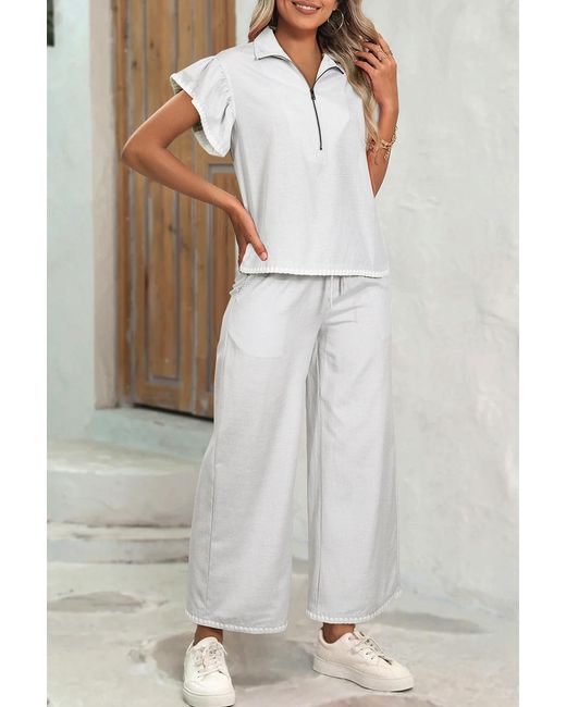 Azura Exchange Geribbelde Pyjama Set Met Kantafwerking in het White