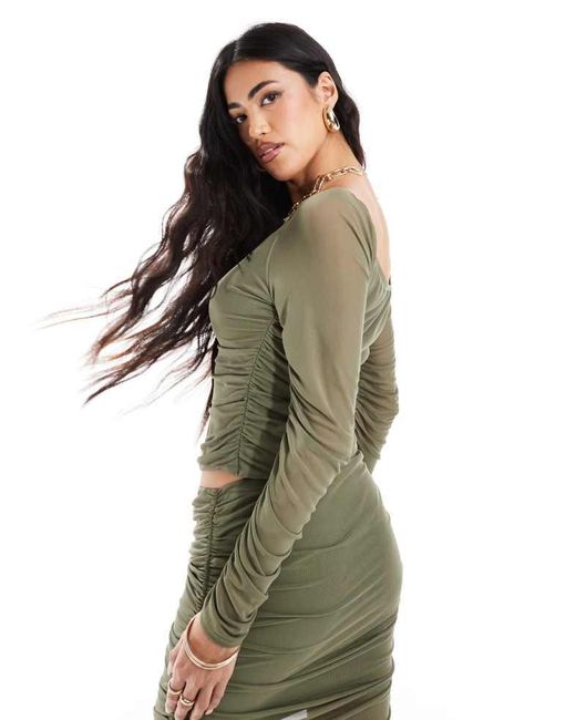 ASOS Green Co-Ord Mesh Long Sleeve Ruched Top