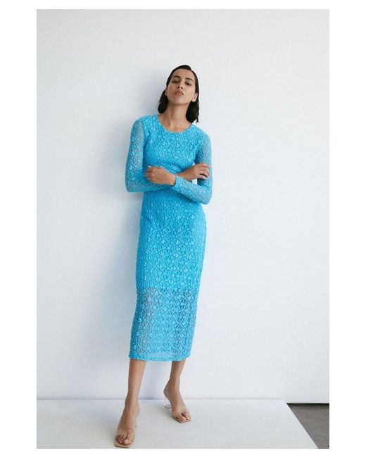 Warehouse Blue Petite Long Sleeve Lace Cut Out Midi Dress
