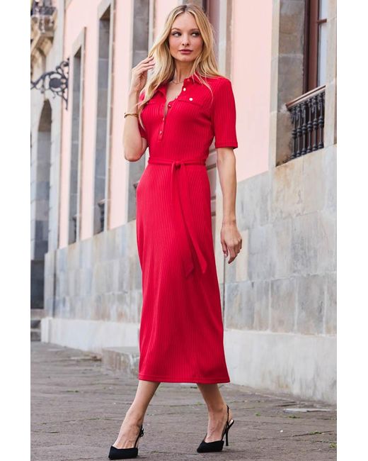 Sosandar Red Premium Ribbed Polo Collar Midi Dress