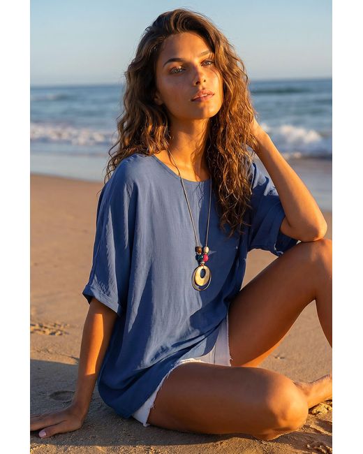 Roman Blue Plain Tunic Top With Necklace