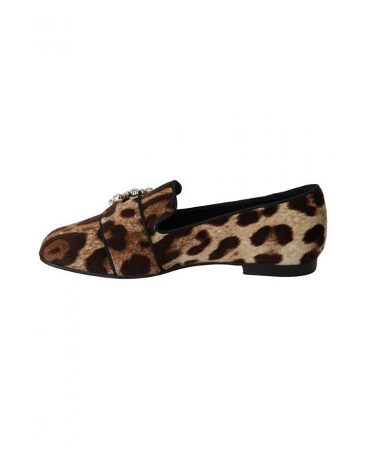 Dolce & Gabbana Brown Leopard Print Crystals Loafers Flats Shoes Cotton