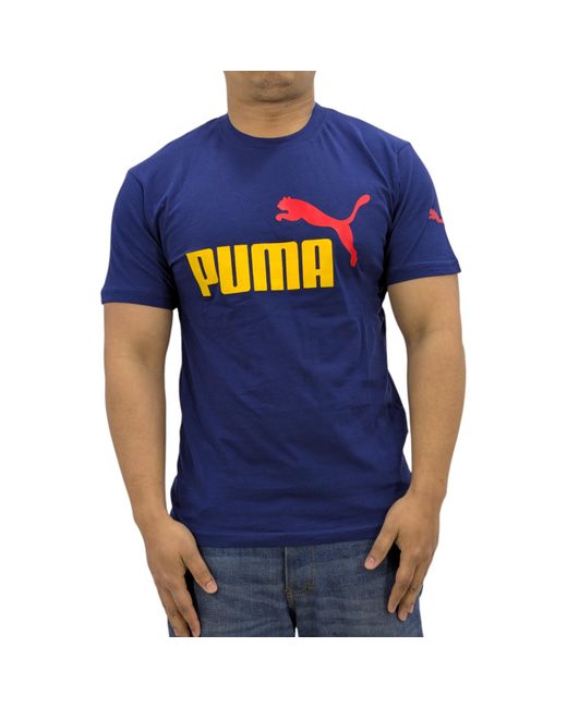 PUMA Blue T Shirt Essentials Logo Crew Neck Pullover Short Sleeve Casual Cotton for men