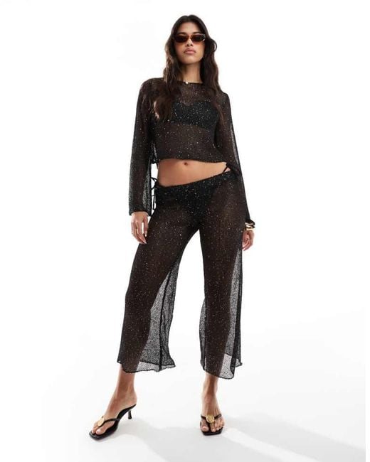 In The Style Black X Perrie Sian Sequin Crochet Wide Leg Beach Trousers Co-Ord