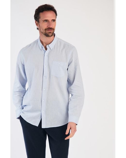 Nines White Linen Blend Long Sleeve Button-Up Shirt With Chest Pocket for men