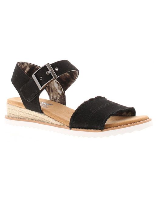 Skechers Black Wedge Sandals Bobs Desert Kiss Ado Buckle Textile
