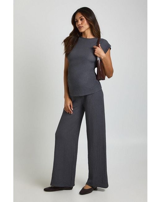 Boohoo Blue Maternity Textured Top & Elasticated Waist Wide Leg Trouser Co Ord