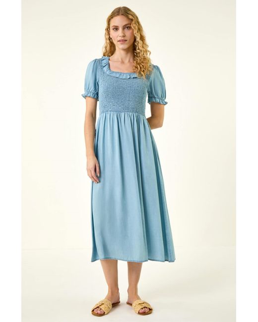 Roman Blue Shirred Frill Midi Dress