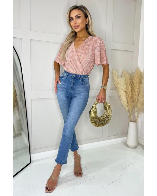 AX Paris Blue Champagne Wrap Top Butterfly Sleeve Plisse Bodysuit