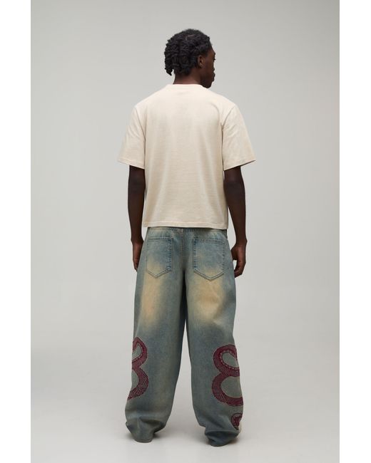 BoohooMAN Gray Snake Embroidered Tinted Super Baggy Jeans for men