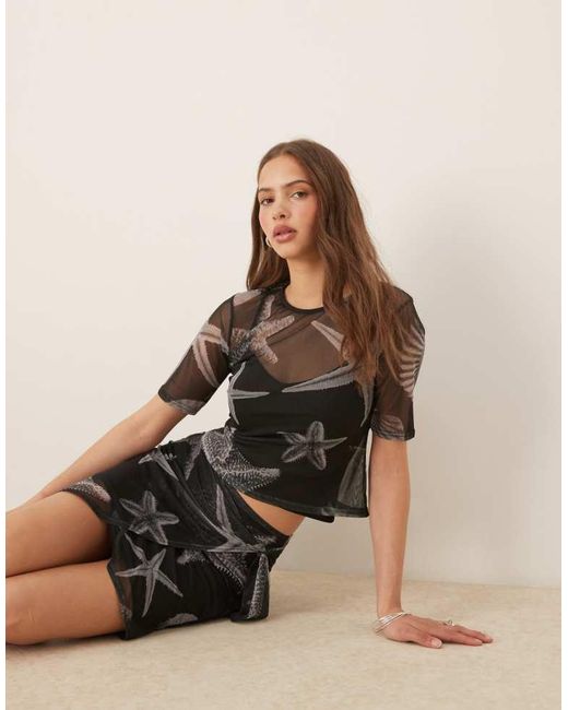 Never Fully Dressed Black Seashell Print Mesh T-Shirt Co-Ord
