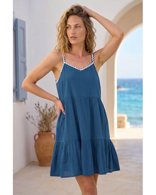 Roman Blue Embroidered Strappy Tiered Dress