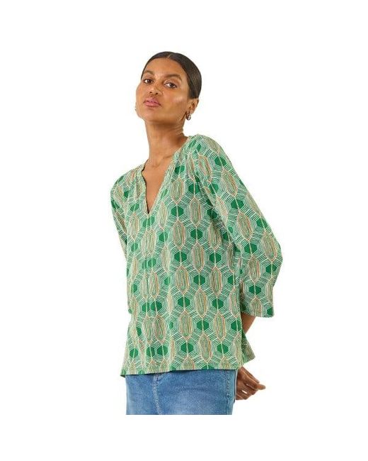 Roman Green Geometric Print Stretch Top