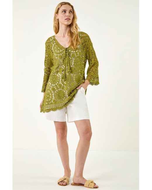 Roman Yellow Crochet Tie Front Knit Tunic