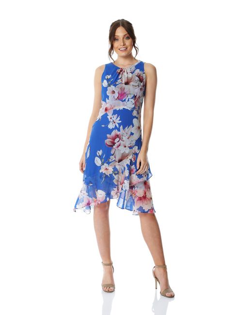 Roman Blue Floral Chiffon Hanky Hem Ruffle Dress