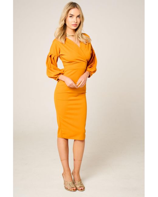 Femme Luxe Orange Belted Bodycon Midi Wrap Dres