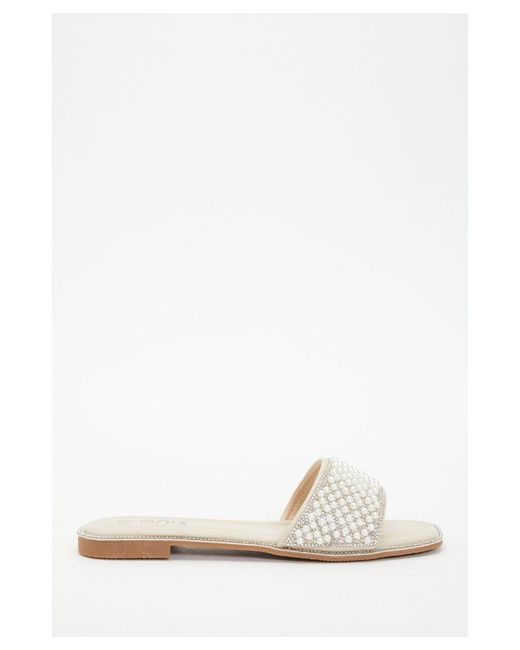 Quiz White Nude Pearl Flat Sandals