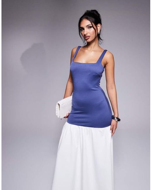 Kaiia Blue Exclusive Square Neck Contrast Drop Waist Maxi Dress