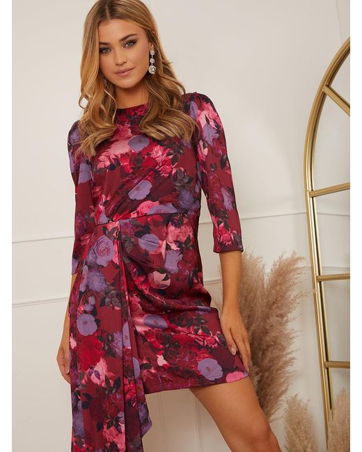 Chi Chi London Red Drape Detail Floral Midi Dress