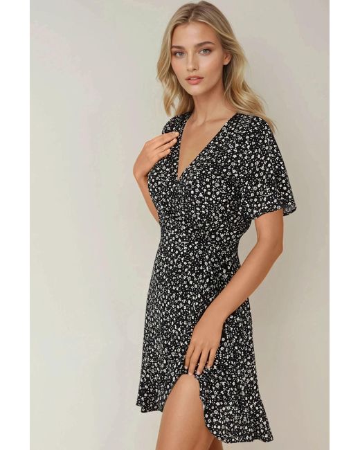 Hiccup Black Ditsy Flower Pattern V-Neck Viscose Mini Dress